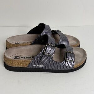 Mephisto Sandals Womens 38 8 Gray Silver Woven Leather Two Strap Slides Helda